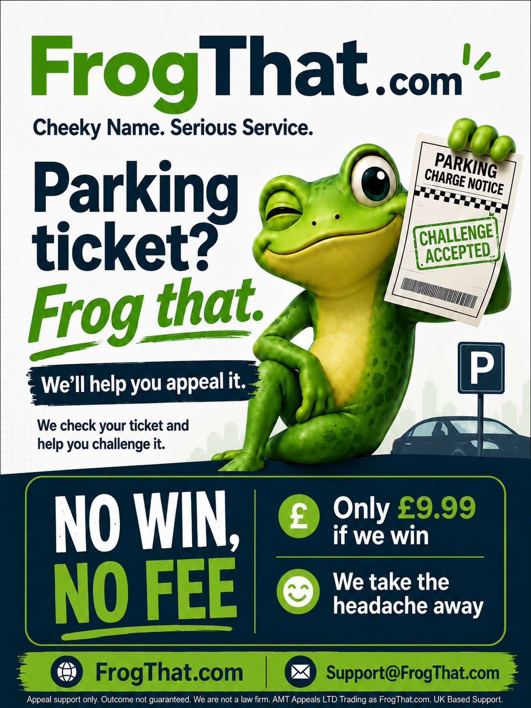 FrogThat mascot – a cheeky frog holding a parking ticket